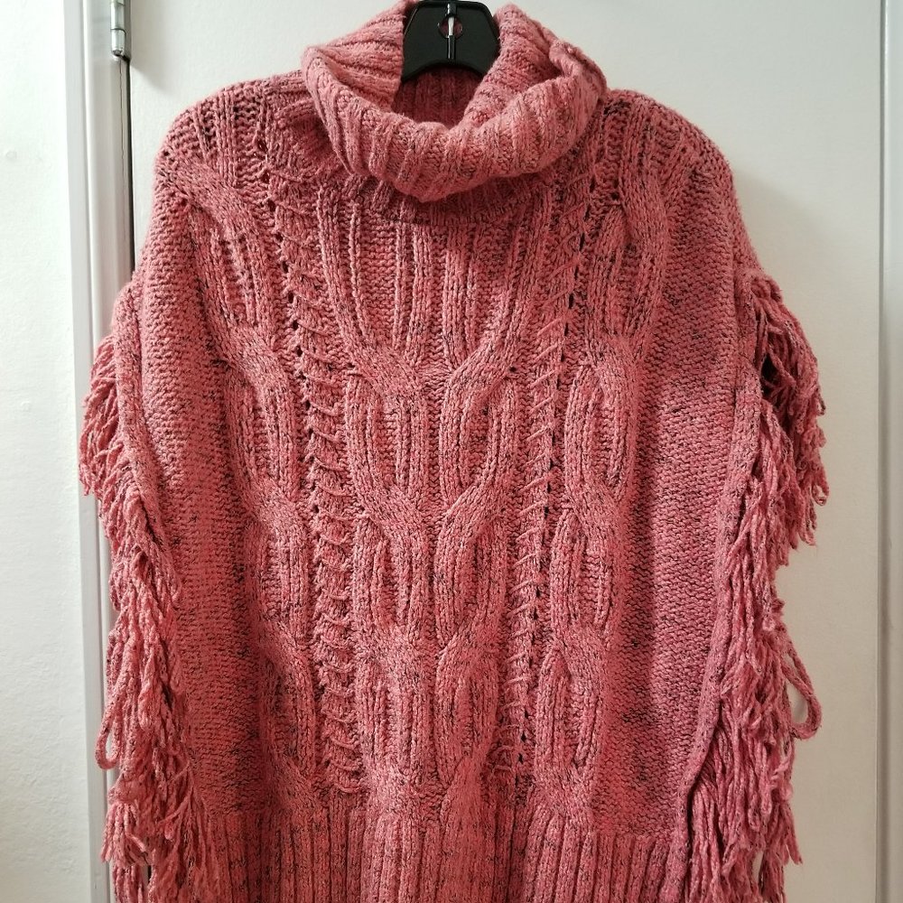 Women's Rose Cable-Knit Fringe Turtleneck Poncho Sweater